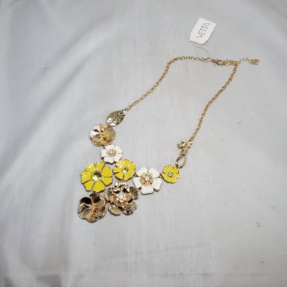 Vetta Floral Statement Necklace – Yellow, White & Gold Tone (18" with Extender) - Picture 5 of 7